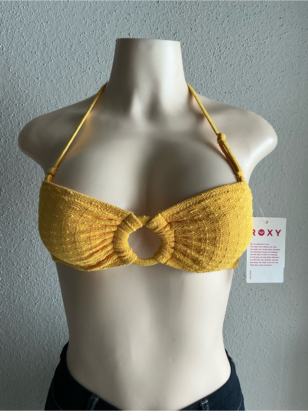 Roxy Yellow Ring-Front Textured Bikini Top